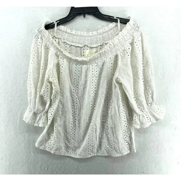 J.O.A Blouse Womens Sz M Off White Floral Eyelet Off -Shoulder 3/4 Sleeve Eyelet - Picture 1 of 11